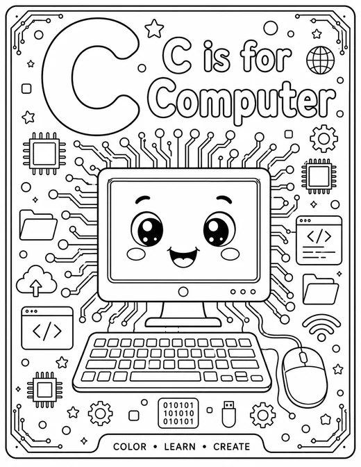 C is for Computer circuit-board technology coloring page