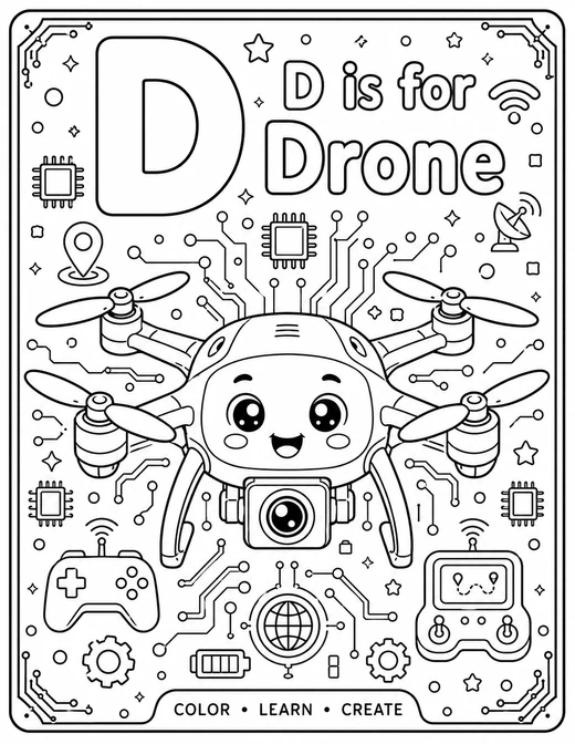 D is for Drone circuit-board technology coloring page