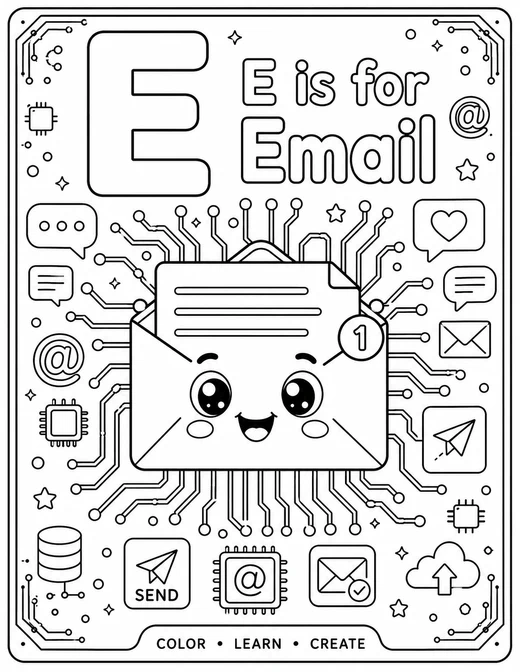 E is for Email circuit-board technology coloring page