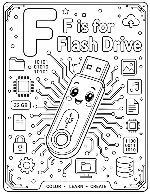 F is for Flash Drive circuit-board technology coloring page
