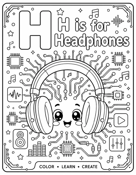 H is for Headphones circuit-board technology coloring page