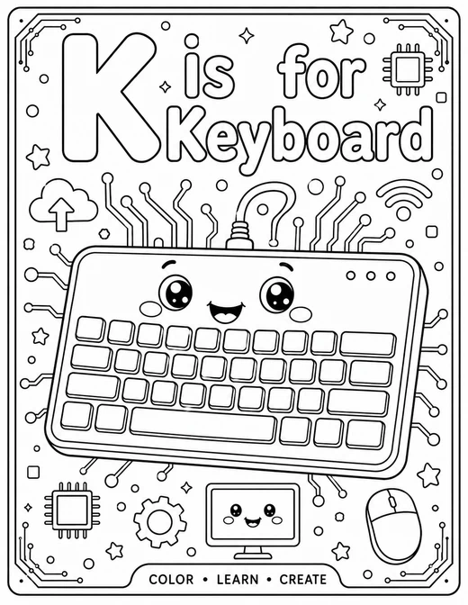 K is for Keyboard circuit-board technology coloring page