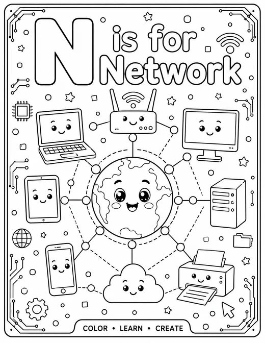 N is for Network circuit-board technology coloring page