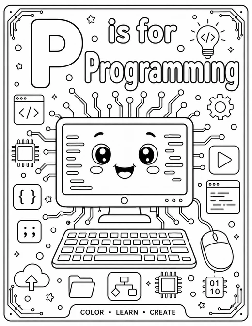 P is for Programming circuit-board technology coloring page