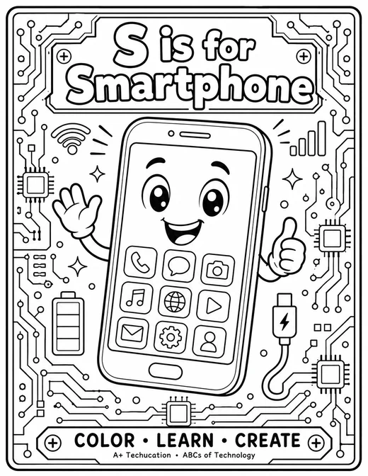 S is for Smartphone circuit-board technology coloring page