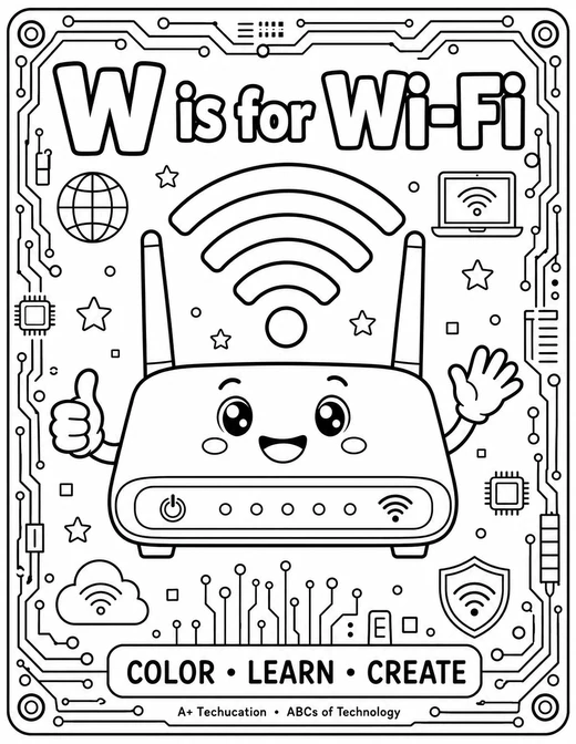 W is for Wi-Fi circuit-board technology coloring page